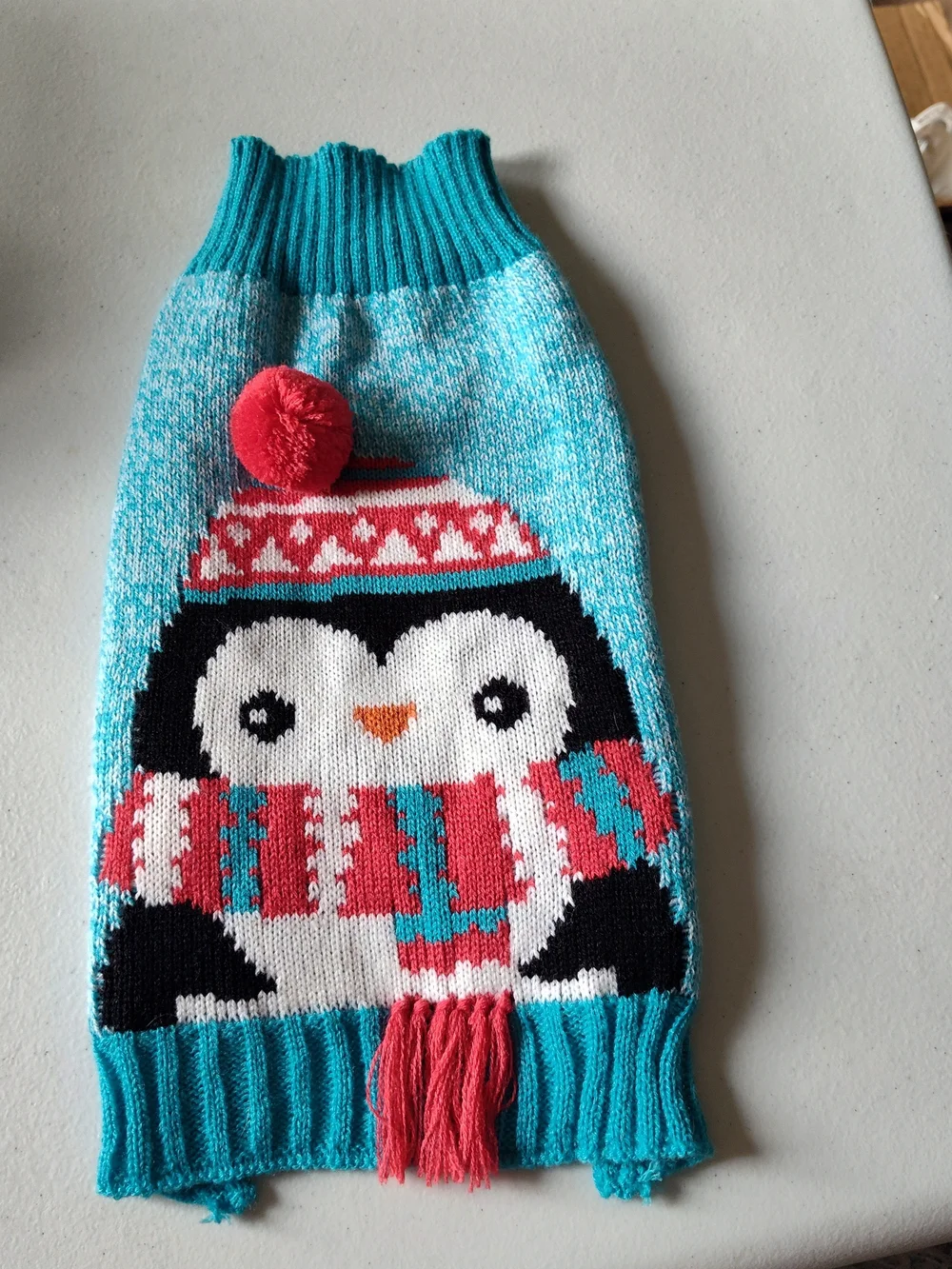 Turquoise Penguin Knit Pet Sweater with Red Pom and Scarf